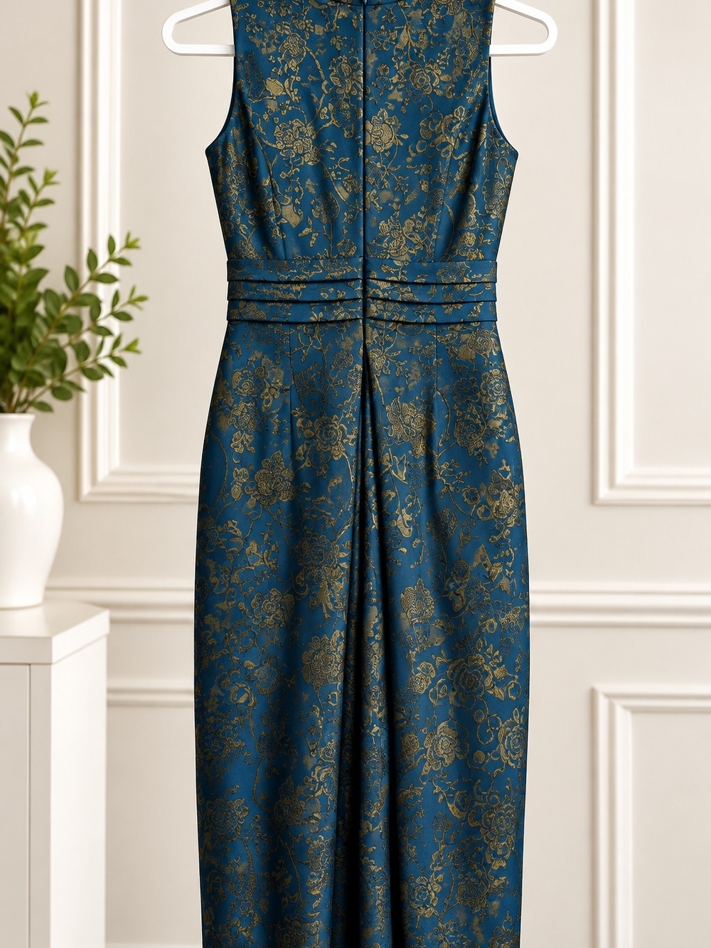 Signature by Sangria Teal Midi Dress with Gold Floral Jacquard